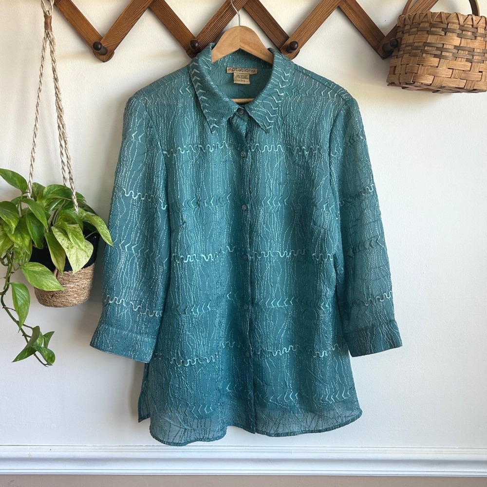 Vintage Notations Teal Blue Sheer Embroidered Button Down Shirt Cottagecore